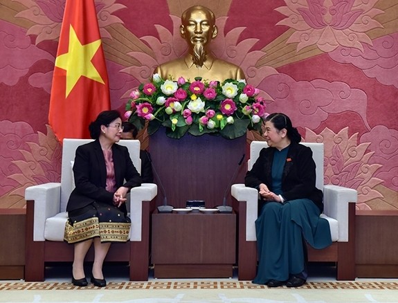 La Vice-Présidente permanente de l’Assemblée nationale vietnamienne Tong Thi Phong (à droite) et la présidente de l’Audit d’État laotien Viengthong Siphandone. Photo: QDND.
