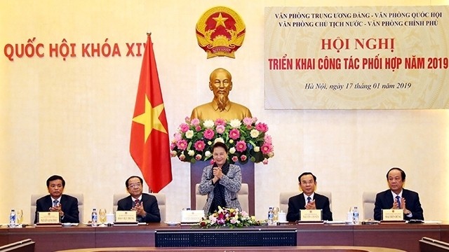 La Présidente de l'AN, Nguyên Thi Kim Ngân, prend la parole lors de la conférence. Photo : VNA