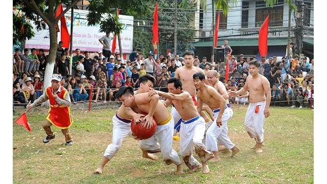 La finale du Festival de la lutte de balle au village de Thuy Linh a eu lieu le 6e jour du Têt du Cochon 2019. Photo : NDEL