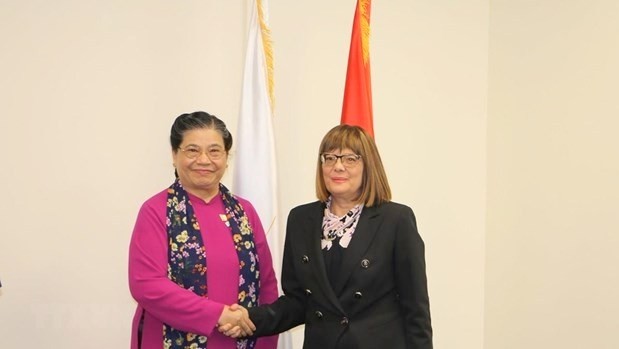 La Vice-Présidente de l’AN vietnamienne, Tong Thi Phong (à gauche), et la Présidente de l'AN de Serbie, Maja Gojkovic. Photo : VNA.