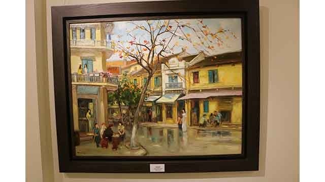 L'oeuvre de peinture à l'huile "Après la pluie de l'après-midi" de Lâm Duc Manh lors de l'exposition. Photo : Minh Hanh/NDEL.