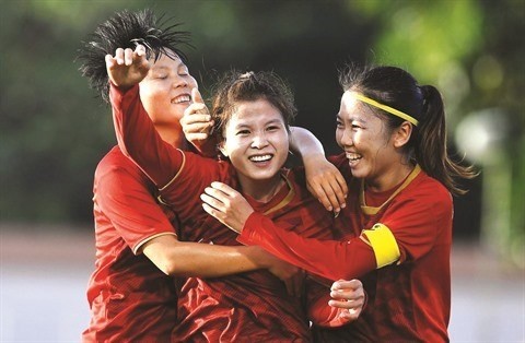 La joie des Vietnamiennes après le but de Ngân Thi Van Su contre le Myanmar, le 6 février 2020. Photo : CVN.