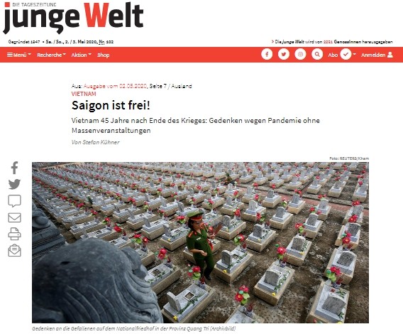 Article soulignant l'esprit de paix et d'indépendance nationale du Vietnam durant la guerre, publié le 2 mai sur le quotidien allemand Junge Welt. Photo : thoidai.com.vn.