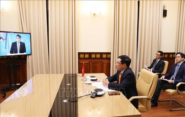 Le vice-Premier ministre et ministre des AE Pham Binh Minh à la visioconférence onusienne pour les 75 ans de la fin de la Seconde Guerre mondiale. Photo : VNA