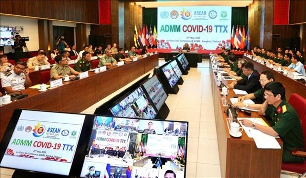 L'exercice en ligne de réponse de Covid-19 des unités de médecine militaire de l'ASEAN. Photo : VNA.
