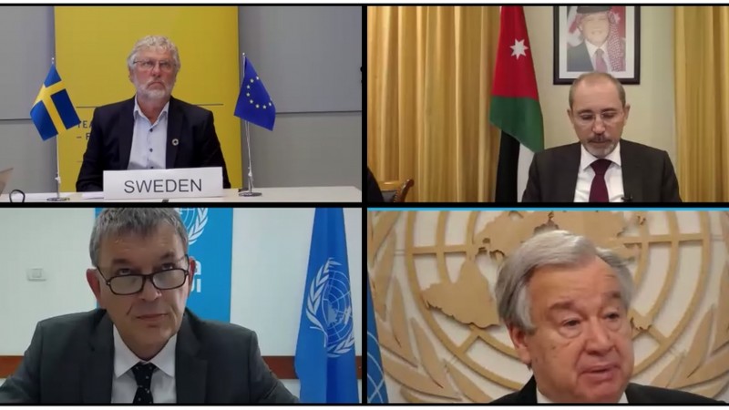 Le ministre jordanien des AE, Ayman Safadi et le ministre suédois de la Coopération internationale au développement Peter Eriksson, le chef de l'UNRWA, Philippe Lazzarini et Le Secrétaire général de l'ONU, Antonio Guterres. Photo : ONU.