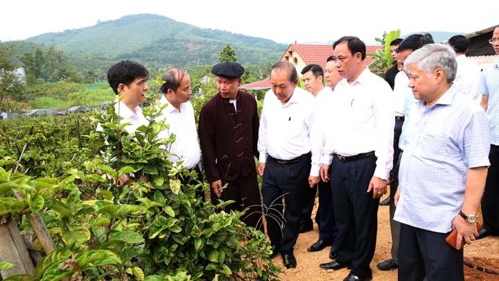 Le Vice-Premier ministre Truong Hoa Binh visite le champ de plantes médicinales de la famille de Ly Thi Man. Photo : VGP.