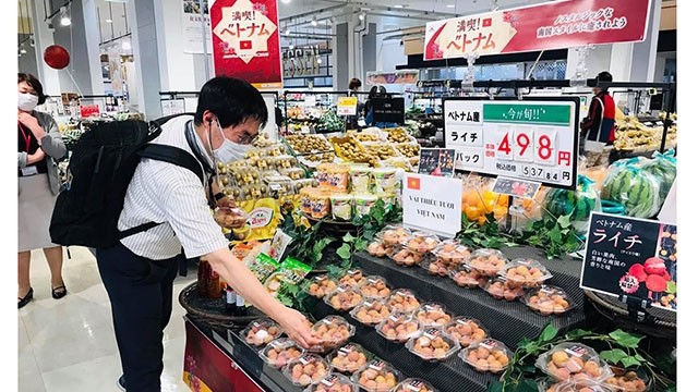 Le litchi du Vietnam vendu dans un supermarché au Japon. Photo : VGP.