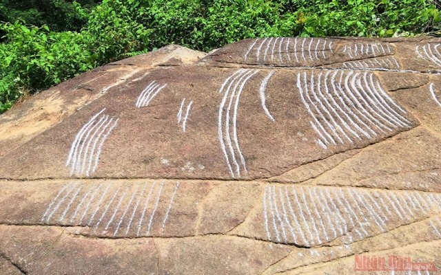 Des gravures représentant des champs en terrasses trouvées en juillet dans la commune de Lao Chai, district de Mù Chang Chai, dans la province de Yên Bai. Photo : NDEL