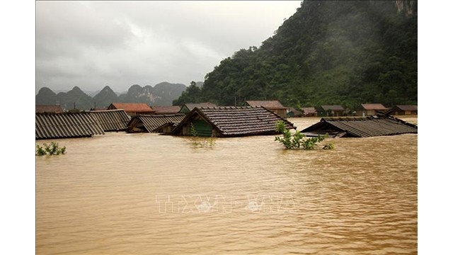 De nombreuses maisons dans la commune de Minh Hoa ont été submergées jusqu'au toit. Photo : VNA.