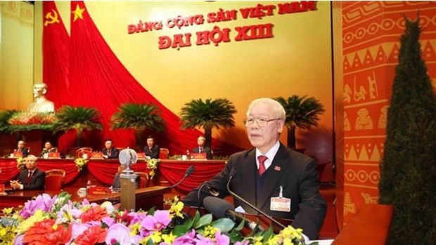 Le Secrétaire général du PCV Nguyên Phu Trong prononce le discours de clôture du XIIIe Congrès national du PCV. Photo : VNA.