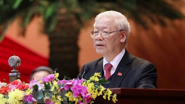 Le Secrétaire général du Parti et Président de la République Nguyên Phu Trong s’exprime lors de la séance de clôture du XIIIe Congrès national du Parti. Photo : VNA.