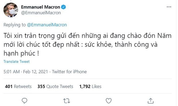 Les salutations du Nouvel An lunaire en vietnamien du président français Emmanuel Macron publiées sur Twitter.