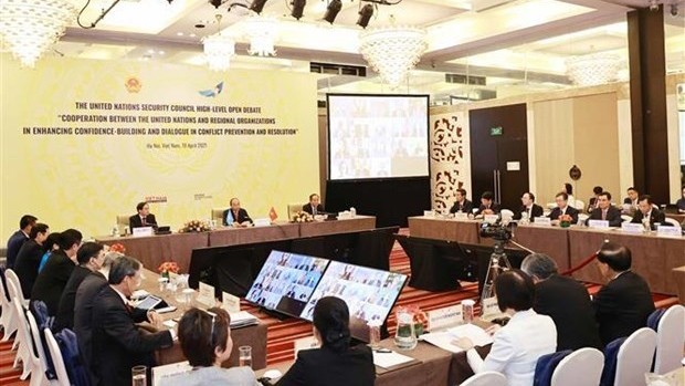 Le débat de haut niveau du Conseil de Sécurité, présidé le 19 avril par le Président vietnamien Nguyên Xuân Phuc. Photo : VNA.