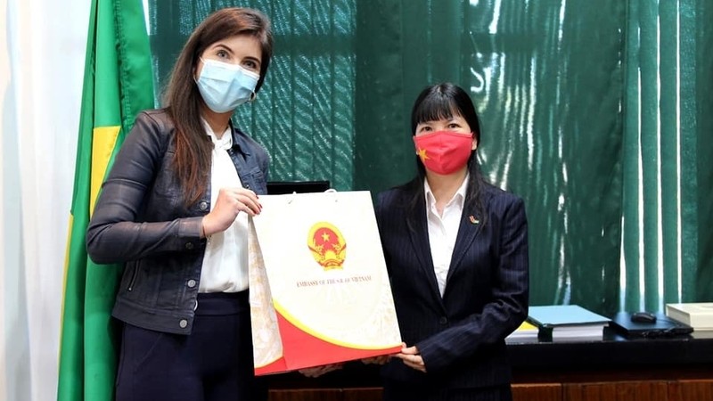 L'ambassadrice du Vietnam au Brésil, Pham Thi Kim Hoa (à droite) offre des masques médicaux à la Chambre des Députés brésilienne. Photo : thoidai.com.vn