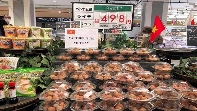 Des litchis vietnamiens vendus dans un supermarché AEON au Japon. Photo : VNA.