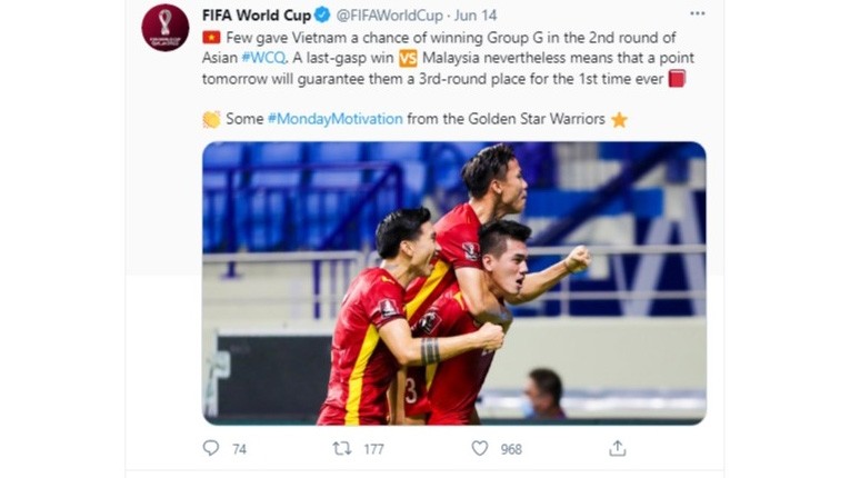 Le compte Twitter officiel de la FIFA publie le 14 juin un statut en faveur de l’équipe vietnamienne avant son dernier match du Groupe G contre les Émirats arabes unis, le 15 juin. Photo : NDEL.