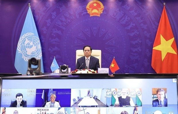 Le Premier ministre Pham Minh Chinh lors d’un débat ouvert de haut niveau du Conseil de sécurité des Nations Unies sur la sécurité maritime qui a eu lieu le 9 août par visioconférence. Photo : VNA.