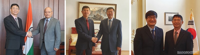 De gauche à droite : L’ambassadeur du Vietnam en Slovaquie, Nguyên Tuân, rencontre ses homologues indien, chinois et sud-coréen. Photo : BQT.