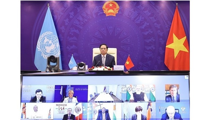 Le PM vietnamien, Pham Minh Chinh, participe à un débat ouvert de haut niveau du Conseil de Sécurité des Nations Unies sur la sécurité maritime le 9 août. Photo : VNA.