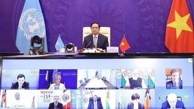 Le Premier ministre Pham Minh Chinh s’exprime lors du débat public de haut niveau du Conseil de sécurité de l’ONU, le 9 août 2021. Photo : VNA.