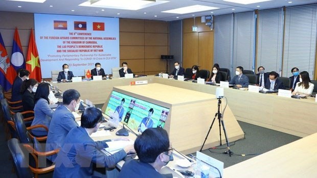 Des représentants vietnamiens lors de la conférence virtuelle. Photo : VNA.