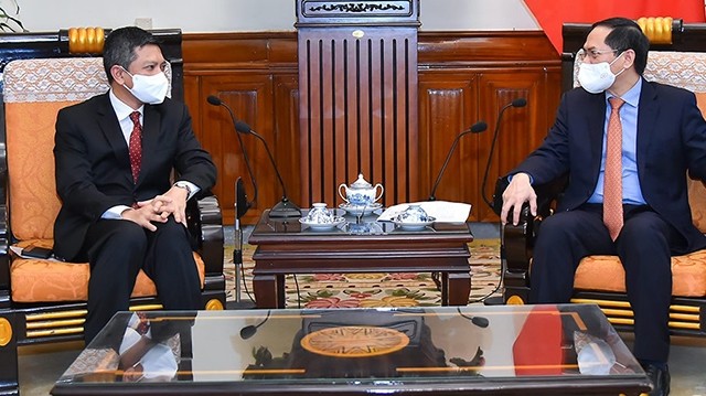 Le ministre des Affaires étrangères, Bui Thanh Son (à droite) et l'ambassadeur indonésien Denny Abdi.  Photo : baoquocte.vn.