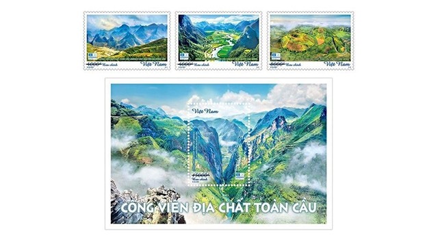 Collection de timbres sur trois géoparcs mondiaux au Vietnam. Photo : VNA.