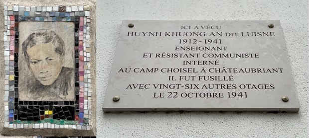 Une photo et une plaque commémorative du martyr Huynh Khuong An sont accrochées au mur de la maison du 6 avenue de la Porte Brancion à Paris. Photo : VNA.