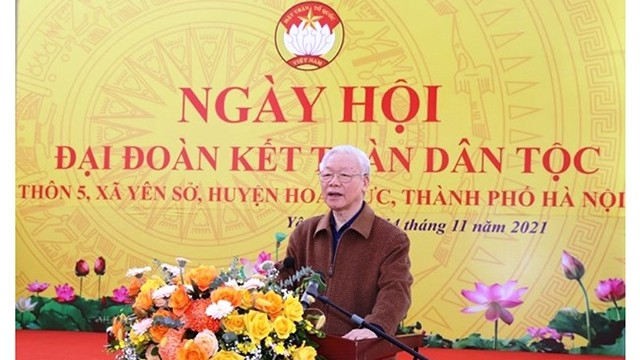Le Secrétaire général du Parti, Nguyên Phu Trong, à la Journée du grand bloc d’union nationale au hameau 5, commune de Yen So, district de Hoai Duc, Hanoï. Photo : VNA.