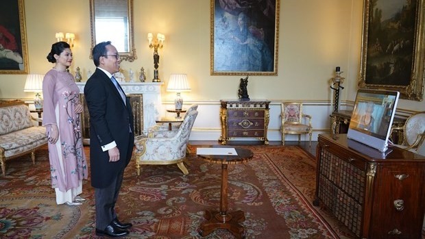 L'ambassadeur du Vietnam au Royaume-Uni, Nguyên Hoàng Long, présente en ligne ses lettres de créance à la reine Elizabeth II. Photo: Réception royale du Royaume-Uni/VNA
