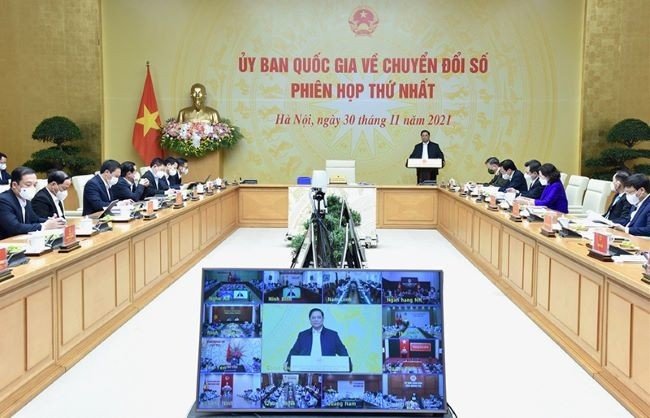 Le Premier ministre vietnamien, Pham Minh Chinh, prend la parole lors de la réunion. Photo : Trân Hai/NDEL.