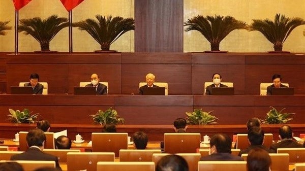 Le Secrétaire général du Parti, Nguyên Phu Trong (au milieu), préside la Conférence nationale des relations extérieures. Photo : VNA.