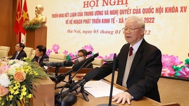 Le Secrétaire général du Parti communiste du Vietnam, Nguyên Phu Trong, prend la parole lors de la visioconférence. Photo : VNA.