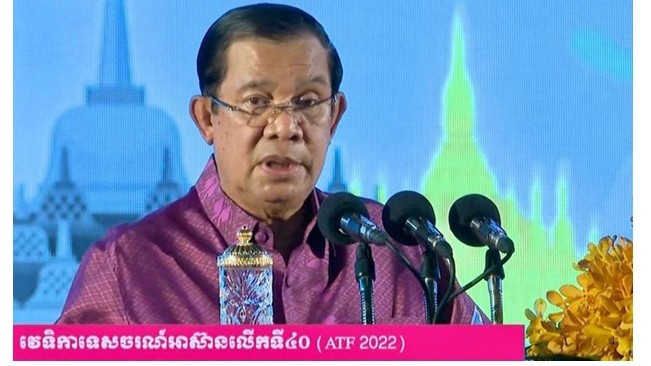 Le Premier ministre cambodgien Samdech Techo Hun Sen s'exprime lors du 40e Forum du tourisme de l'ASEAN (ATF 2022). Photo : www.akp.gov.kh