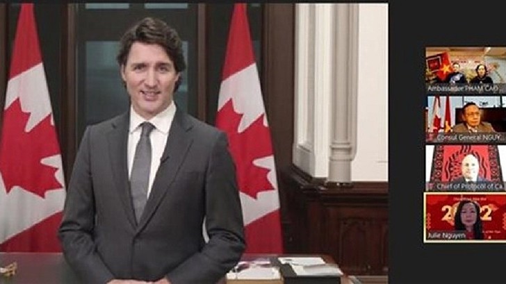 Le Premier ministre canadien, Justin Trudeau, adresse ses vœux du Têt aux Vietnamiens vivant au Canada lors d’un programme organisé virtuellement par l’Ambassade du Vietnam au Canada et l’Association Canada - Vietnam. Photo : NDEL.