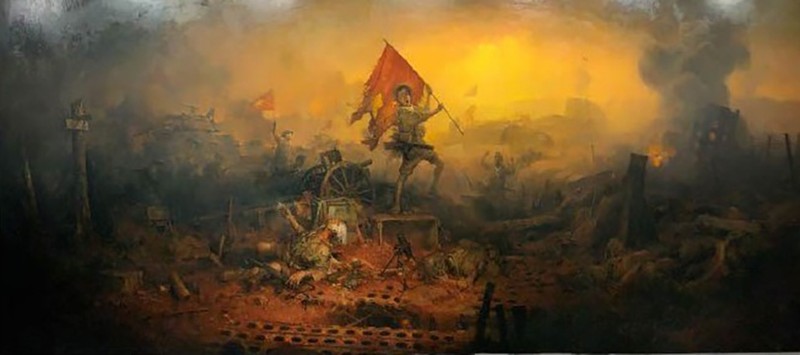 La peinture à l'huile « Diên Biên Phu » d'un format de 190 x 490cm, sur toile, sur le thème de la bataille et de la victoire de Diên Biên Phu. Photo : VOV.