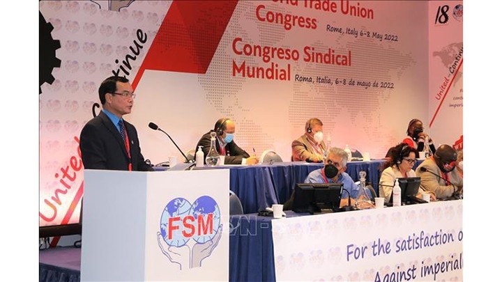 Nguyên Dinh Khang, président de la Confédération générale du Travail du Vietnam (CGTV), prend la parole au 18e Congrès de la FSM. Photo : VNA.