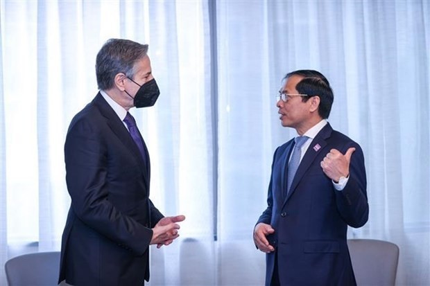 Le ministre vietnamien des Affaires étrangères, Bùi Thanh Son (à droite), et le secrétaire d’État américain Antony Blinken, à Washington, le 13 mai. Photo : VNA.