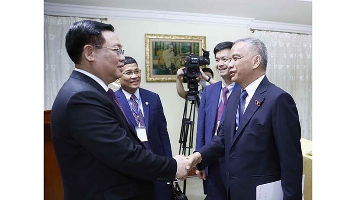 Le Président de l'Assemblée nationale du Vietnam, Vuong Dinh Huê (à gauche), rencontre des représentants d'entreprises vietnamiennes au Laos. Photo : VNA.