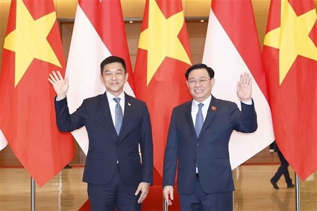 Le Président de l'Assemblée nationale du Vietnam, Vuong Dinh Huê (à droite) et le Président du Parlement singapourien, Tan Chuan-Jin. Photo : VNA.