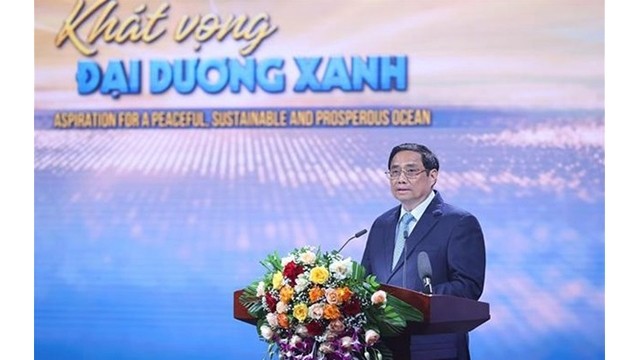 Le Premier ministre Pham Minh Chinh lors du programme en multiplex "Aspiration Océan bleu" à Hanoi, le 28 juin. Photo : VNA.