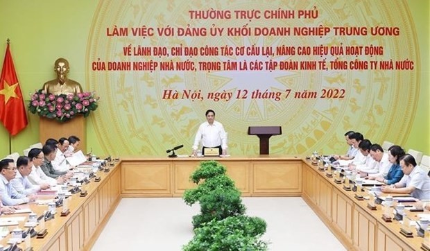Le Premier ministre Pham Minh Chinh s'exprimant lors de la séance de travail à Hanoi, le 12 juillet. Photo : VNA.