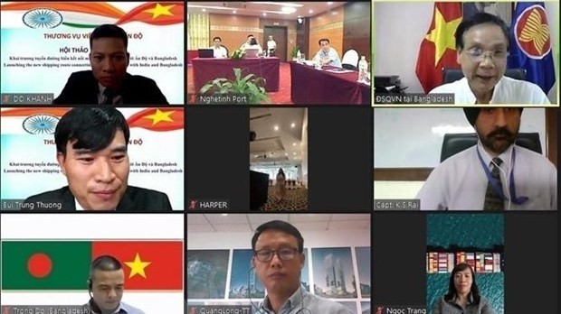 Lors de la conférence en ligne afin d’ouvrir une route maritime reliant le Centre du Vietnam à l’Inde et la future route vers le Bangladesh. Photo: VNA