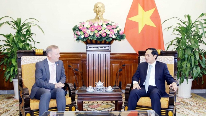 Le ministre des Affaires étrangères Bui Thanh Son (à droite) et Gareth Ward, ambassadeur britannique au Vietnam. Photo: baoquocte.vn