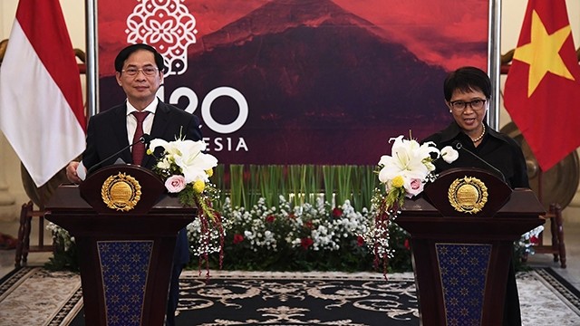 Le ministre vietnamien des Affaires étrangères, Bùi Thanh Son (à gauche) et son homologue indonésienne, Retno Marsudi. Photo : baoquocte.vn.